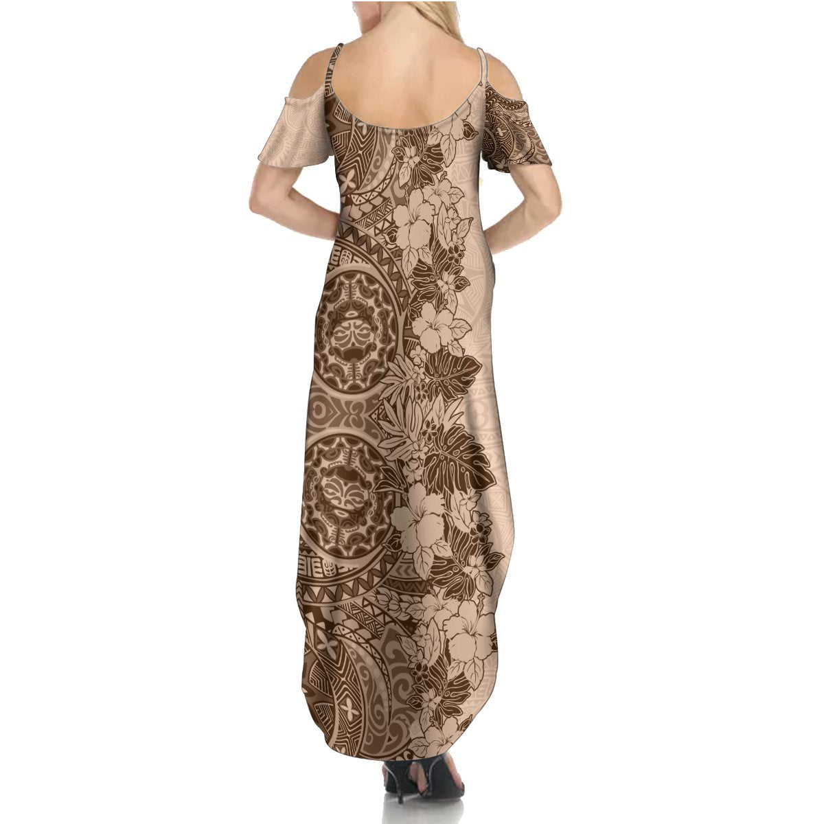 Polynesia Summer Maxi Dress Hibiscus and Hawaiian Tribal Tattoo Retro Style Pink Pastel - Wonder Print Shop