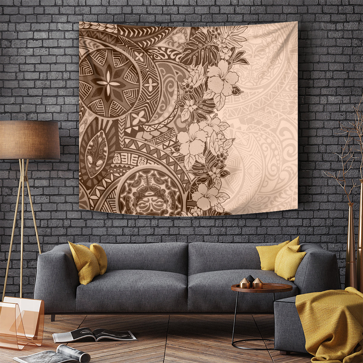 Polynesia Tapestry Hibiscus and Hawaiian Tribal Tattoo Retro Style Pink Pastel - Wonder Print Shop
