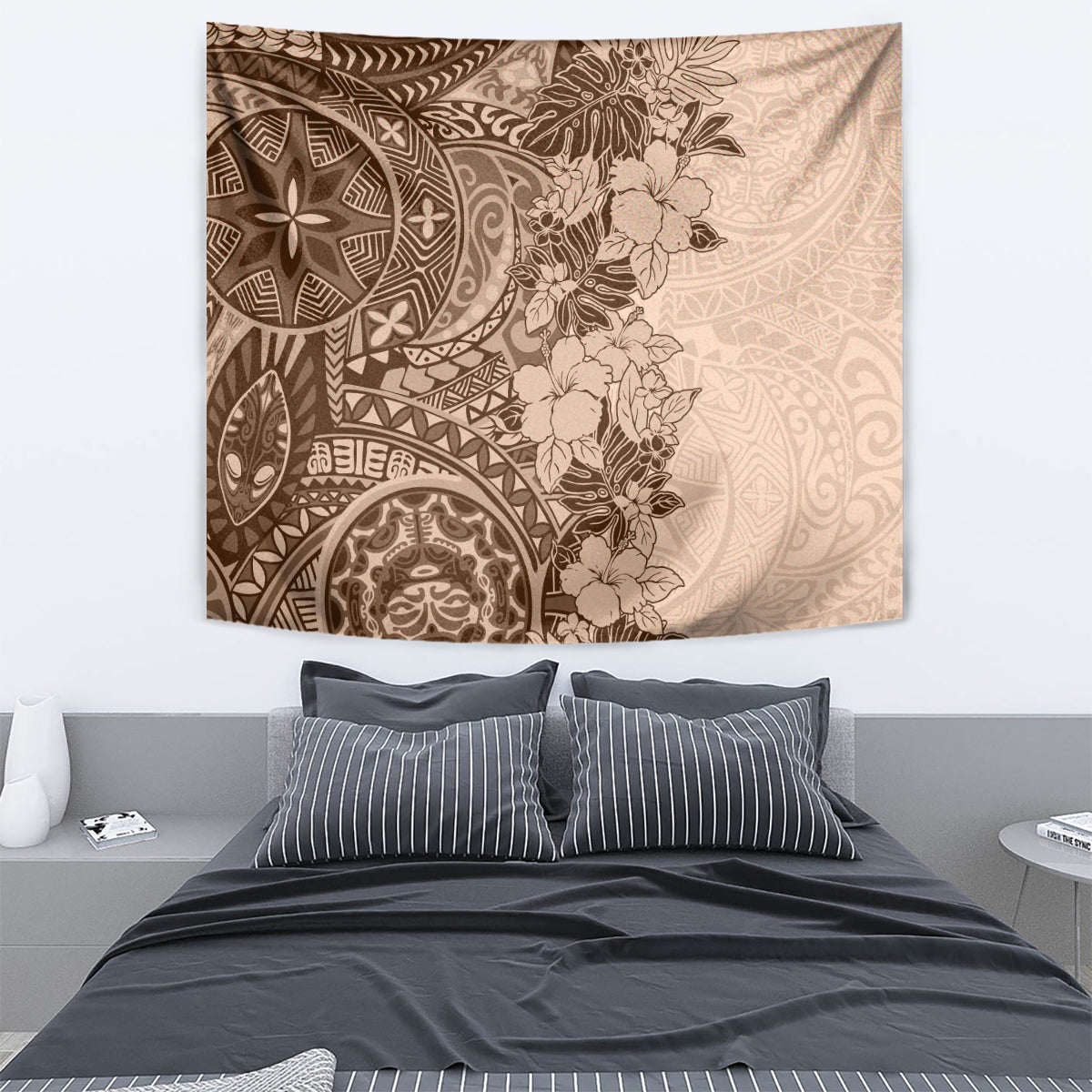 Polynesia Tapestry Hibiscus and Hawaiian Tribal Tattoo Retro Style Pink Pastel - Wonder Print Shop