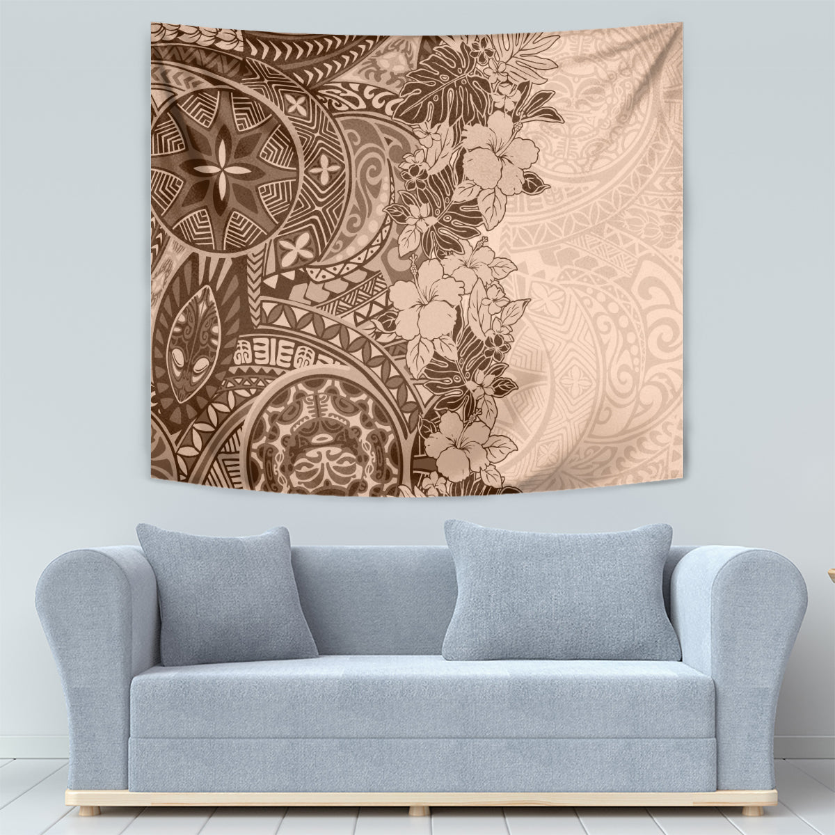 Polynesia Tapestry Hibiscus and Hawaiian Tribal Tattoo Retro Style Pink Pastel - Wonder Print Shop