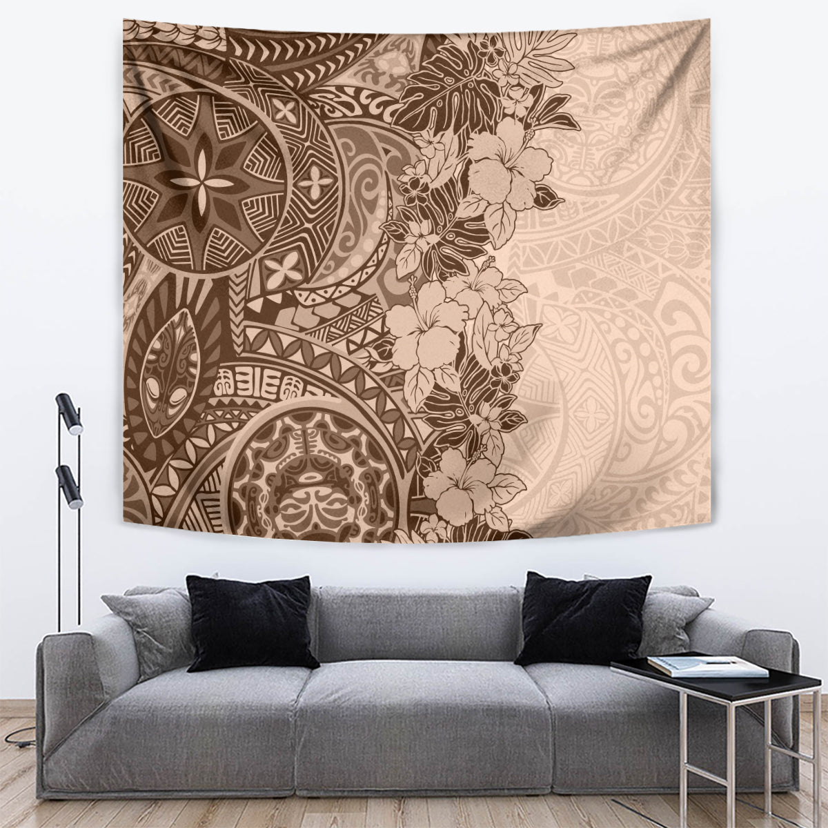 Polynesia Tapestry Hibiscus and Hawaiian Tribal Tattoo Retro Style Pink Pastel - Wonder Print Shop