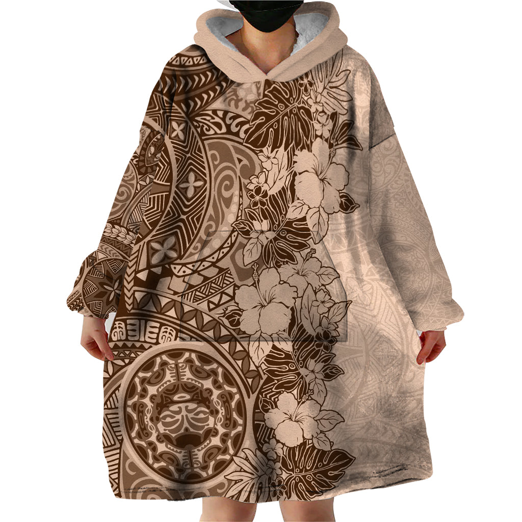 Polynesia Wearable Blanket Hoodie Hibiscus and Hawaiian Tribal Tattoo Retro Style Pink Pastel - Wonder Print Shop