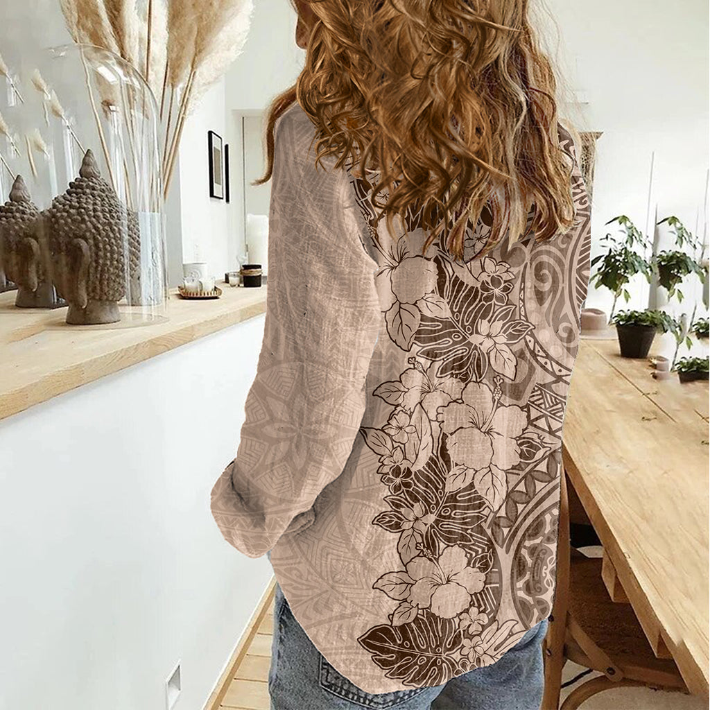 Polynesia Women Casual Shirt Hibiscus and Hawaiian Tribal Tattoo Retro Style Pink Pastel - Wonder Print Shop