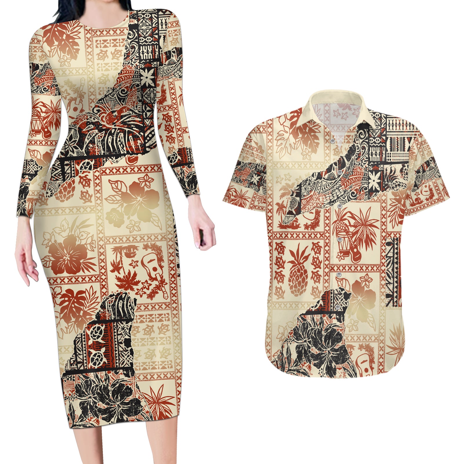 Hawaii Couples Matching Long Sleeve Bodycon Dress and Hawaiian Shirt Aloha Tribal Pattern Beige Version LT9 - Wonder Print Shop
