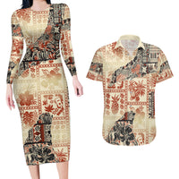 Hawaii Couples Matching Long Sleeve Bodycon Dress and Hawaiian Shirt Aloha Tribal Pattern Beige Version LT9 - Wonder Print Shop