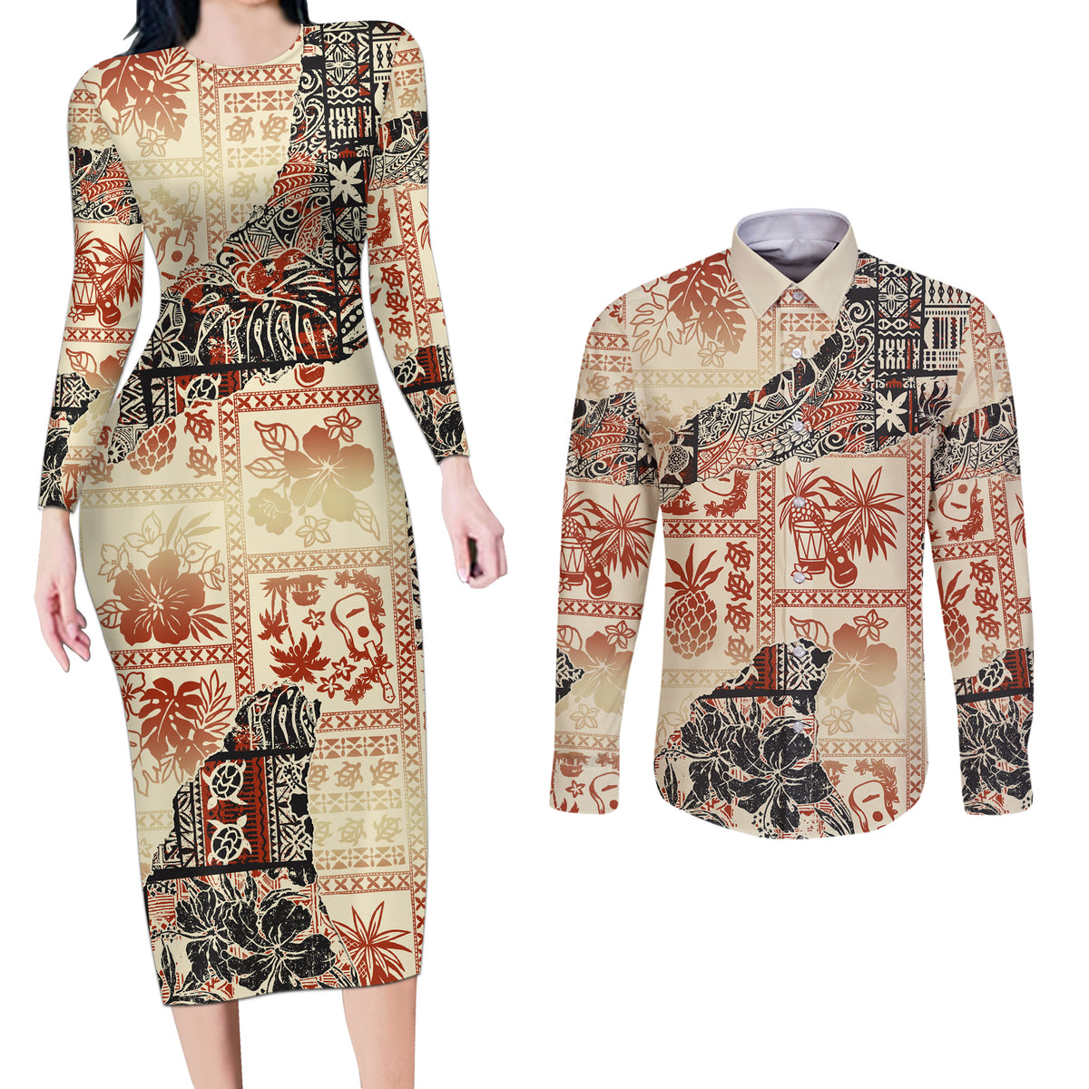Hawaii Couples Matching Long Sleeve Bodycon Dress and Long Sleeve Button Shirt Aloha Tribal Pattern Beige Version LT9 - Wonder Print Shop