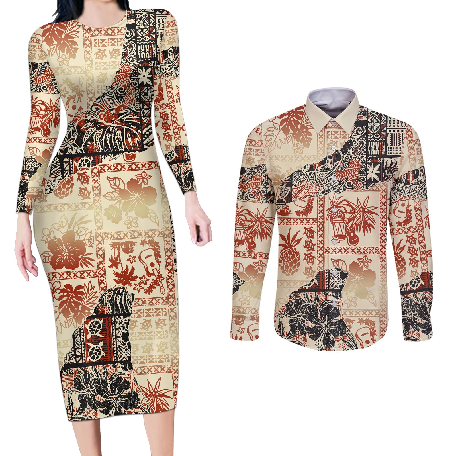 Hawaii Couples Matching Long Sleeve Bodycon Dress and Long Sleeve Button Shirt Aloha Tribal Pattern Beige Version LT9 - Wonder Print Shop