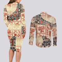 Hawaii Couples Matching Long Sleeve Bodycon Dress and Long Sleeve Button Shirt Aloha Tribal Pattern Beige Version LT9 - Wonder Print Shop