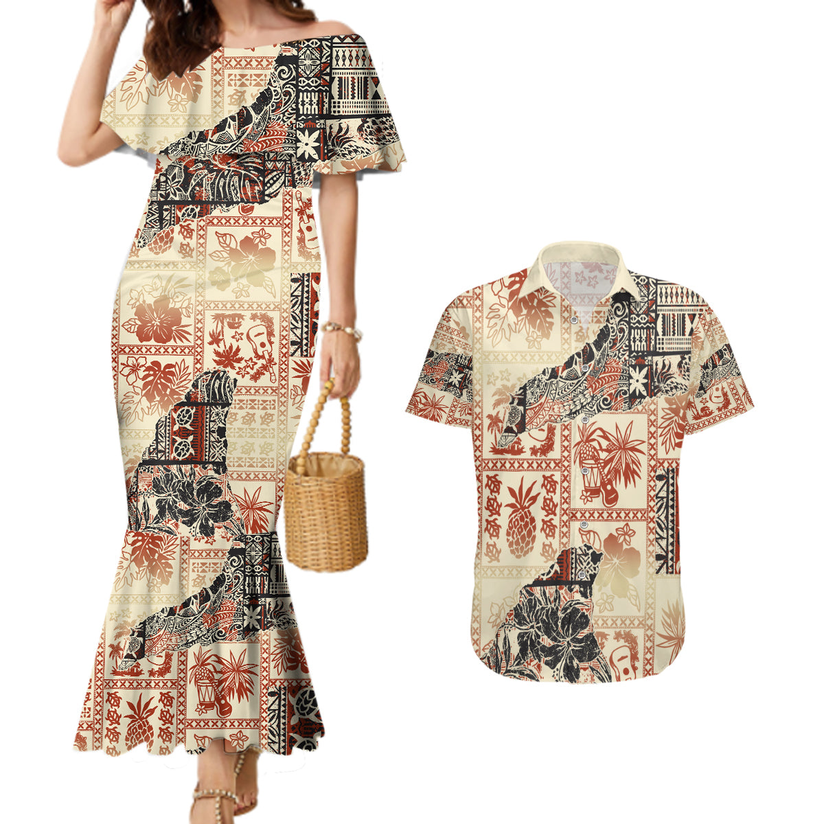 Hawaii Couples Matching Mermaid Dress and Hawaiian Shirt Aloha Tribal Pattern Beige Version LT9 - Wonder Print Shop