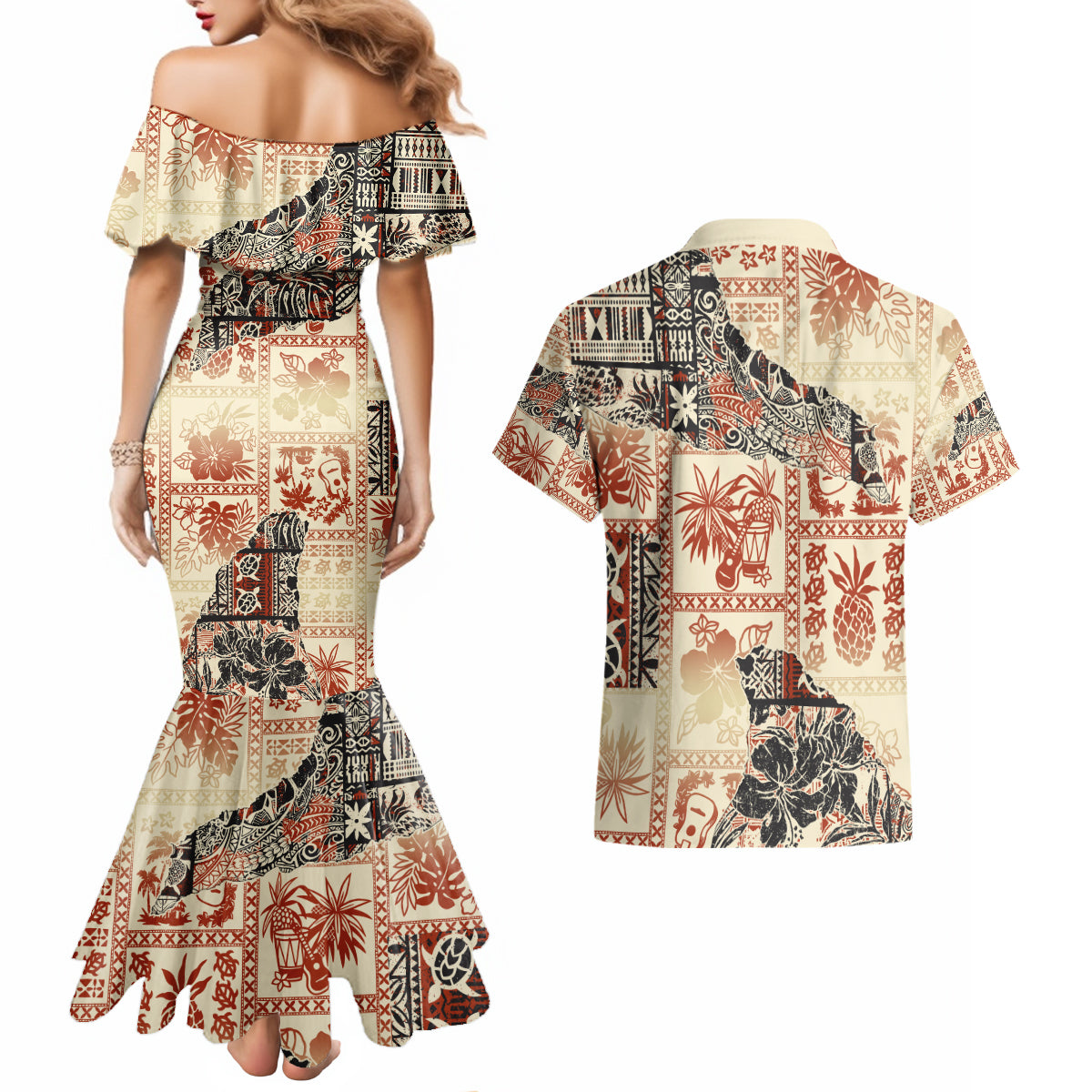 Hawaii Couples Matching Mermaid Dress and Hawaiian Shirt Aloha Tribal Pattern Beige Version LT9 - Wonder Print Shop