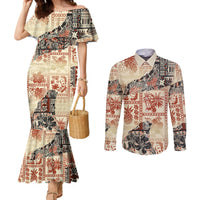 hawaii-couples-matching-mermaid-dress-and-long-sleeve-button-shirt-aloha-tribal-pattern-beige-version