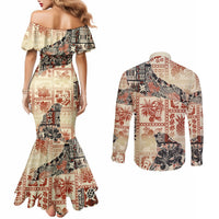 hawaii-couples-matching-mermaid-dress-and-long-sleeve-button-shirt-aloha-tribal-pattern-beige-version