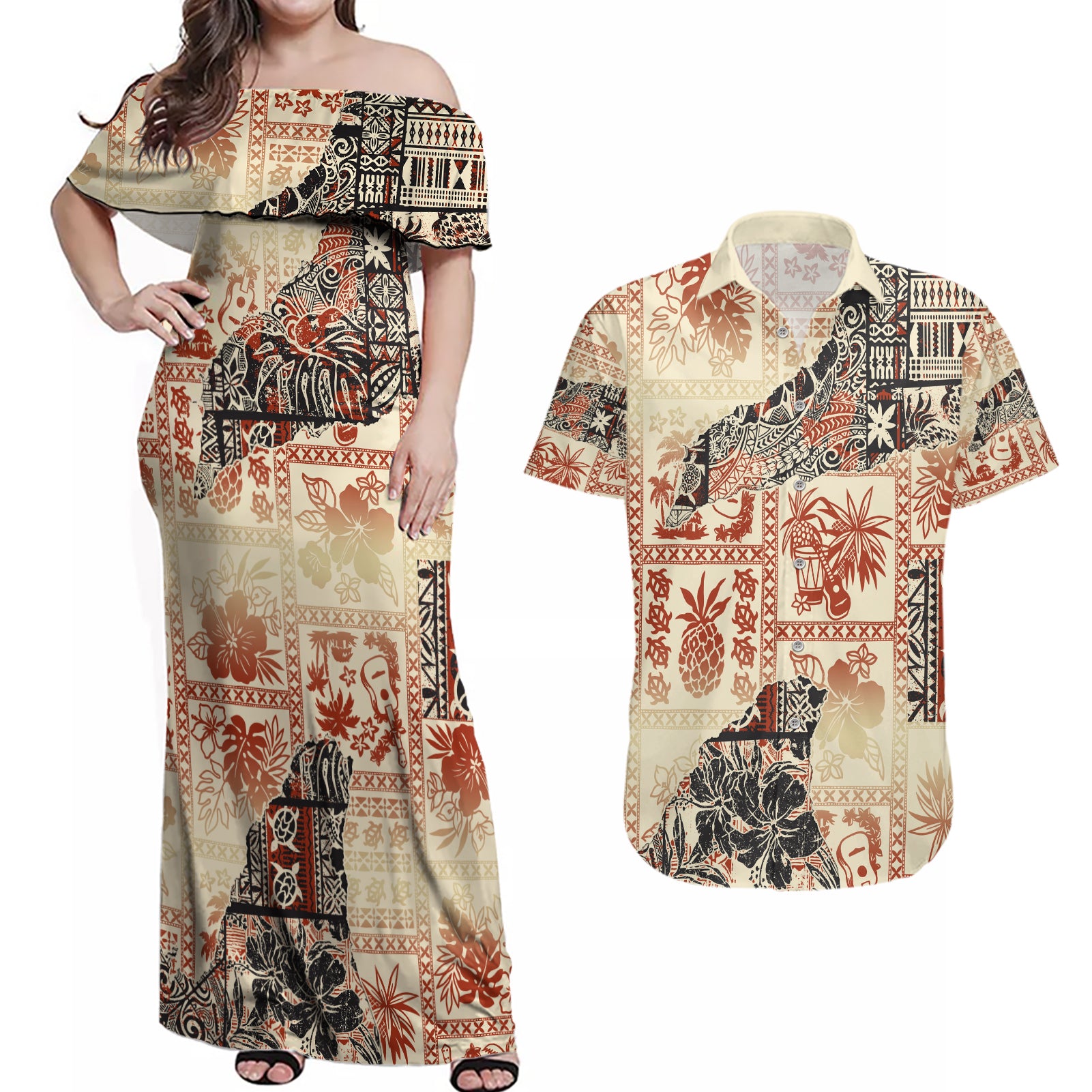 Hawaii Couples Matching Off Shoulder Maxi Dress and Hawaiian Shirt Aloha Tribal Pattern Beige Version LT9 - Wonder Print Shop