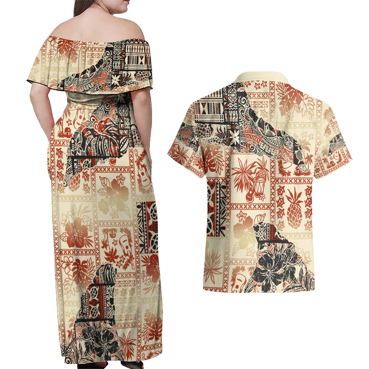 Hawaii Couples Matching Off Shoulder Maxi Dress and Hawaiian Shirt Aloha Tribal Pattern Beige Version LT9 - Wonder Print Shop