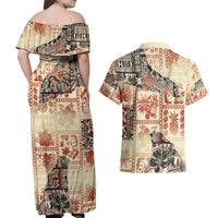 Hawaii Couples Matching Off Shoulder Maxi Dress and Hawaiian Shirt Aloha Tribal Pattern Beige Version LT9 - Wonder Print Shop