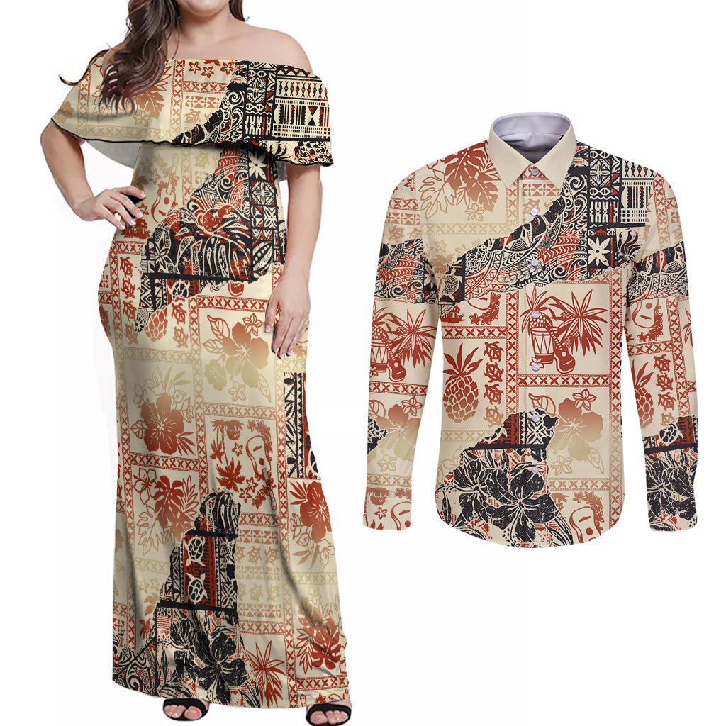 Hawaii Couples Matching Off Shoulder Maxi Dress and Long Sleeve Button Shirt Aloha Tribal Pattern Beige Version LT9 - Wonder Print Shop
