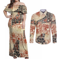 Hawaii Couples Matching Off Shoulder Maxi Dress and Long Sleeve Button Shirt Aloha Tribal Pattern Beige Version LT9 - Wonder Print Shop