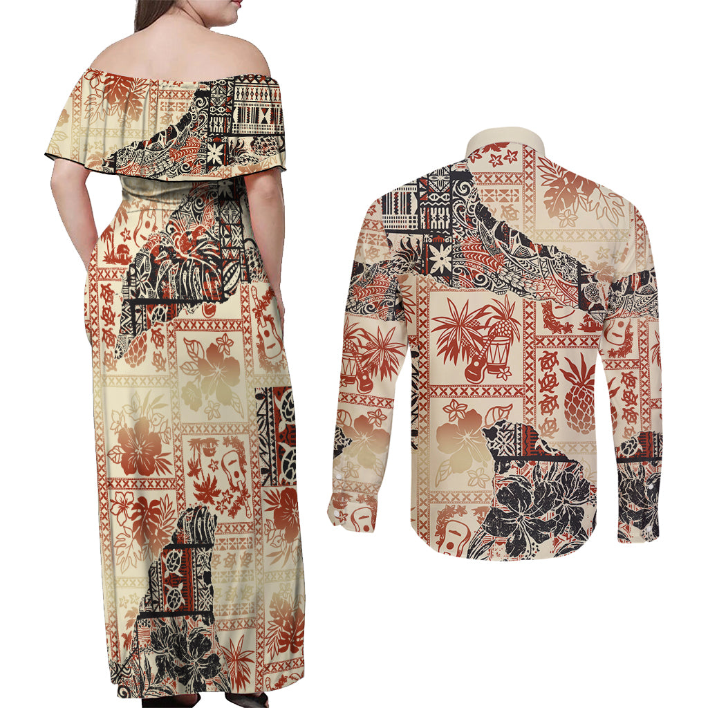 Hawaii Couples Matching Off Shoulder Maxi Dress and Long Sleeve Button Shirt Aloha Tribal Pattern Beige Version LT9 - Wonder Print Shop