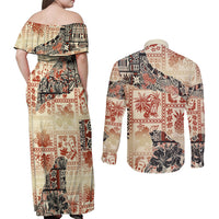 Hawaii Couples Matching Off Shoulder Maxi Dress and Long Sleeve Button Shirt Aloha Tribal Pattern Beige Version LT9 - Wonder Print Shop