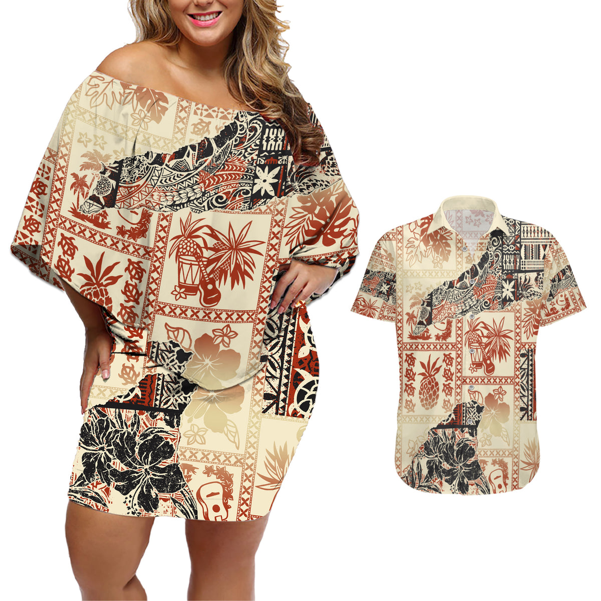 Hawaii Couples Matching Off Shoulder Short Dress and Hawaiian Shirt Aloha Tribal Pattern Beige Version LT9 - Wonder Print Shop