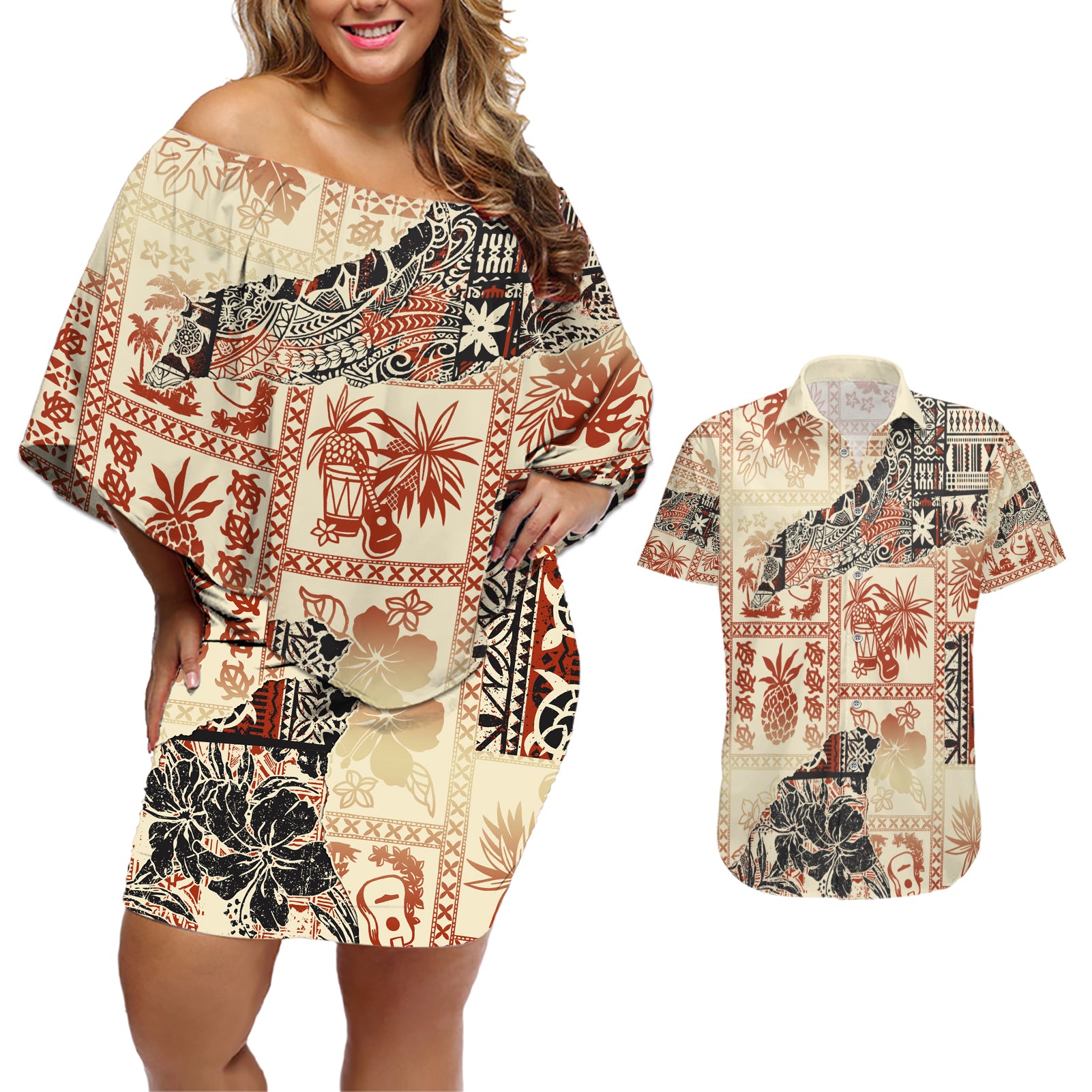Hawaii Couples Matching Off Shoulder Short Dress and Hawaiian Shirt Aloha Tribal Pattern Beige Version LT9 - Wonder Print Shop