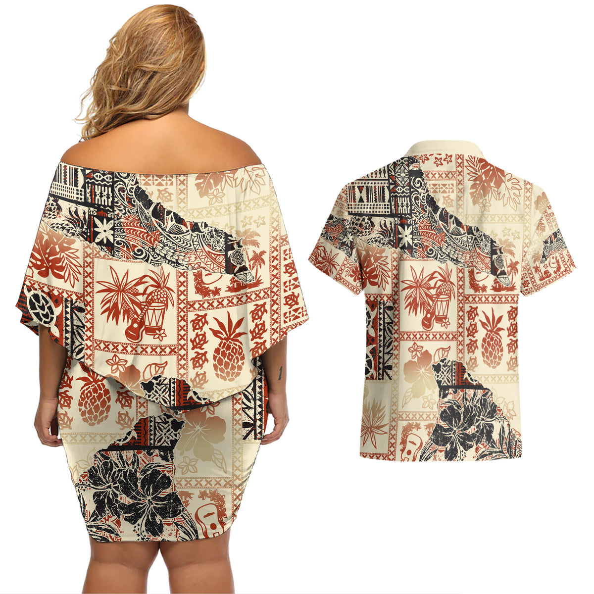 Hawaii Couples Matching Off Shoulder Short Dress and Hawaiian Shirt Aloha Tribal Pattern Beige Version LT9 - Wonder Print Shop
