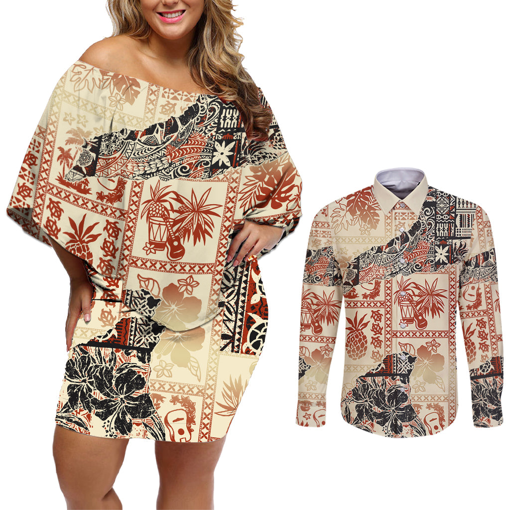 Hawaii Couples Matching Off Shoulder Short Dress and Long Sleeve Button Shirt Aloha Tribal Pattern Beige Version LT9 - Wonder Print Shop