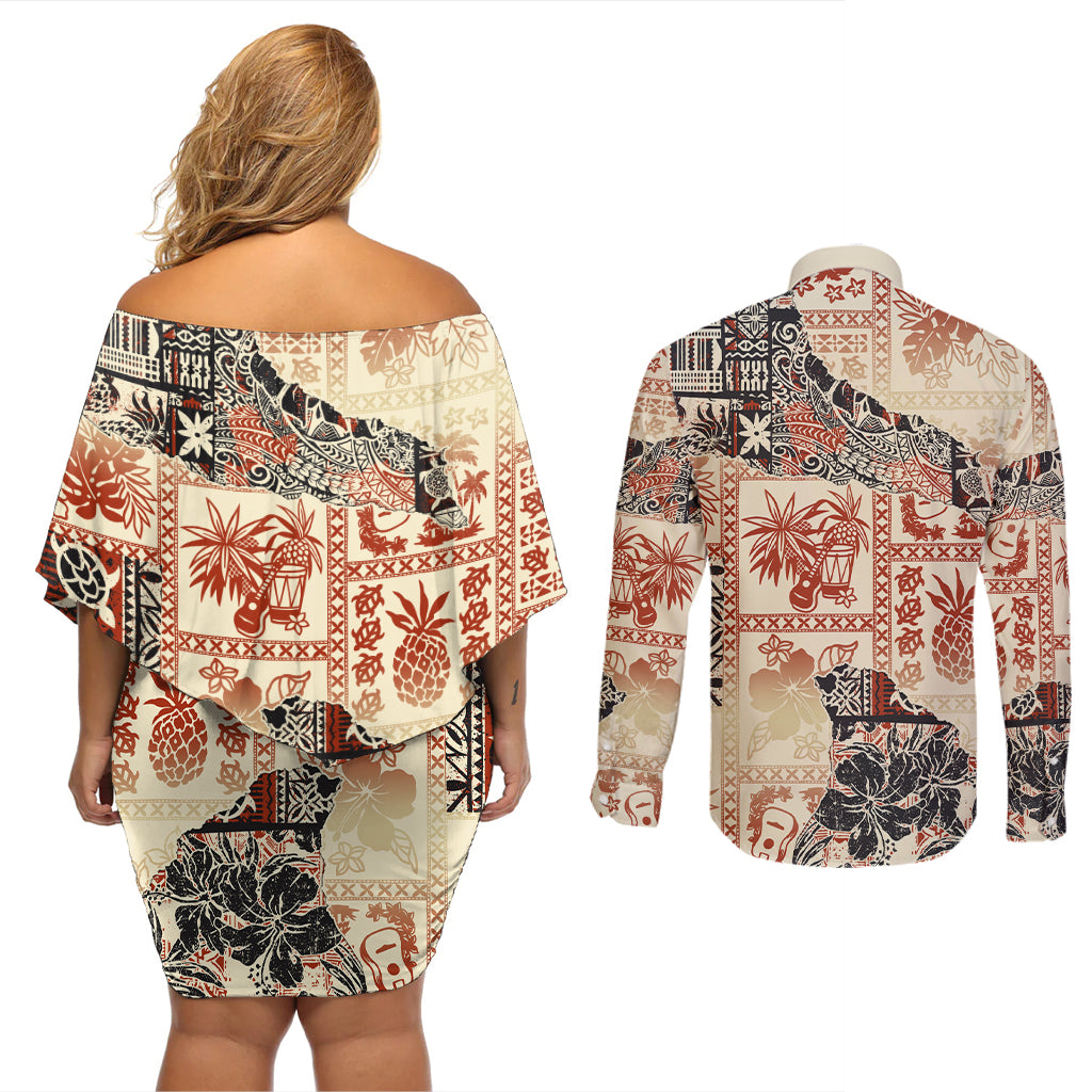 Hawaii Couples Matching Off Shoulder Short Dress and Long Sleeve Button Shirt Aloha Tribal Pattern Beige Version LT9 - Wonder Print Shop