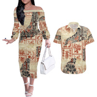 Hawaii Couples Matching Off The Shoulder Long Sleeve Dress and Hawaiian Shirt Aloha Tribal Pattern Beige Version LT9 - Wonder Print Shop