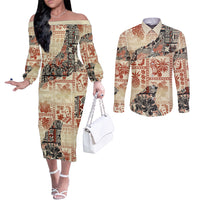 hawaii-couples-matching-off-the-shoulder-long-sleeve-dress-and-long-sleeve-button-shirt-aloha-tribal-pattern-beige-version