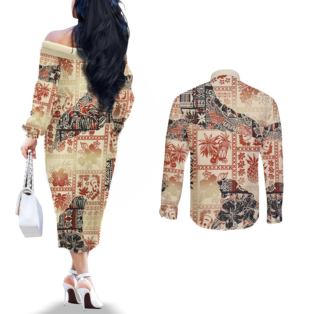 hawaii-couples-matching-off-the-shoulder-long-sleeve-dress-and-long-sleeve-button-shirt-aloha-tribal-pattern-beige-version