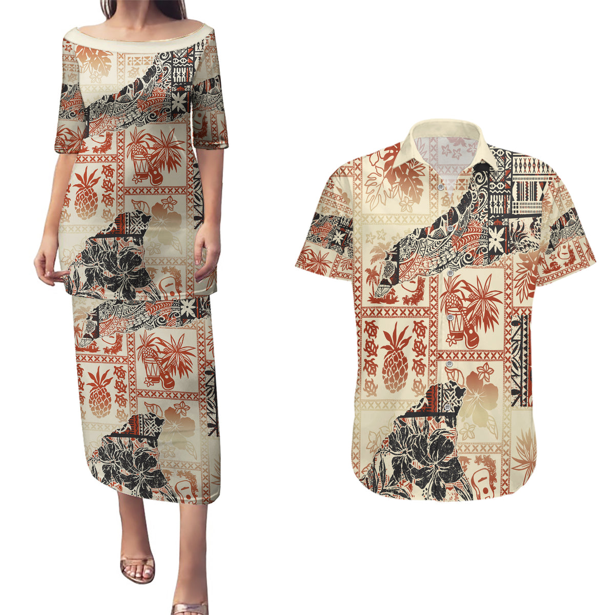 Hawaii Couples Matching Puletasi Dress and Hawaiian Shirt Aloha Tribal Pattern Beige Version LT9 - Wonder Print Shop