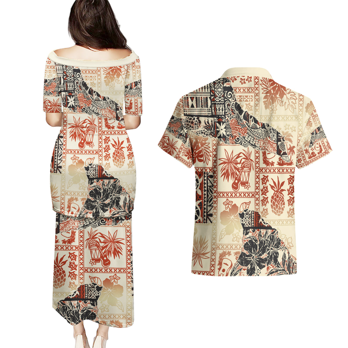 Hawaii Couples Matching Puletasi Dress and Hawaiian Shirt Aloha Tribal Pattern Beige Version LT9 - Wonder Print Shop