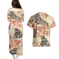 Hawaii Couples Matching Puletasi Dress and Hawaiian Shirt Aloha Tribal Pattern Beige Version LT9 - Wonder Print Shop