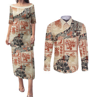 Hawaii Couples Matching Puletasi Dress and Long Sleeve Button Shirt Aloha Tribal Pattern Beige Version LT9 - Wonder Print Shop