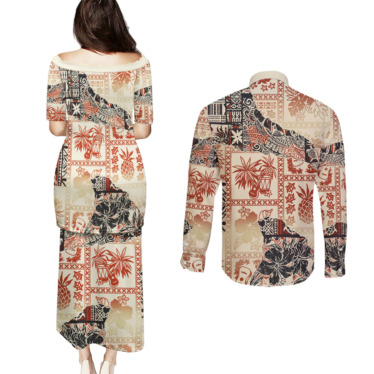 Hawaii Couples Matching Puletasi Dress and Long Sleeve Button Shirt Aloha Tribal Pattern Beige Version LT9 - Wonder Print Shop