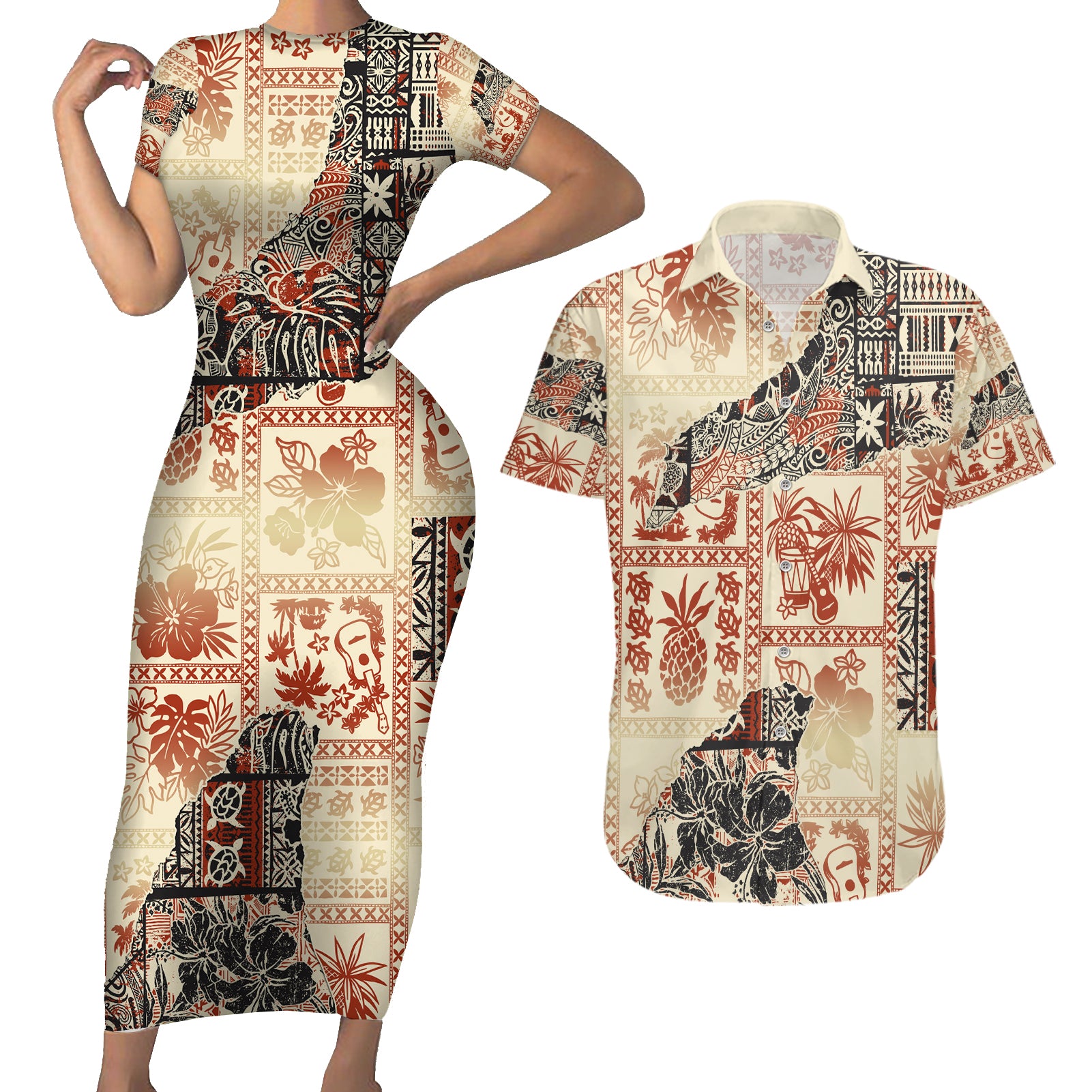 Hawaii Couples Matching Short Sleeve Bodycon Dress and Hawaiian Shirt Aloha Tribal Pattern Beige Version LT9 - Wonder Print Shop