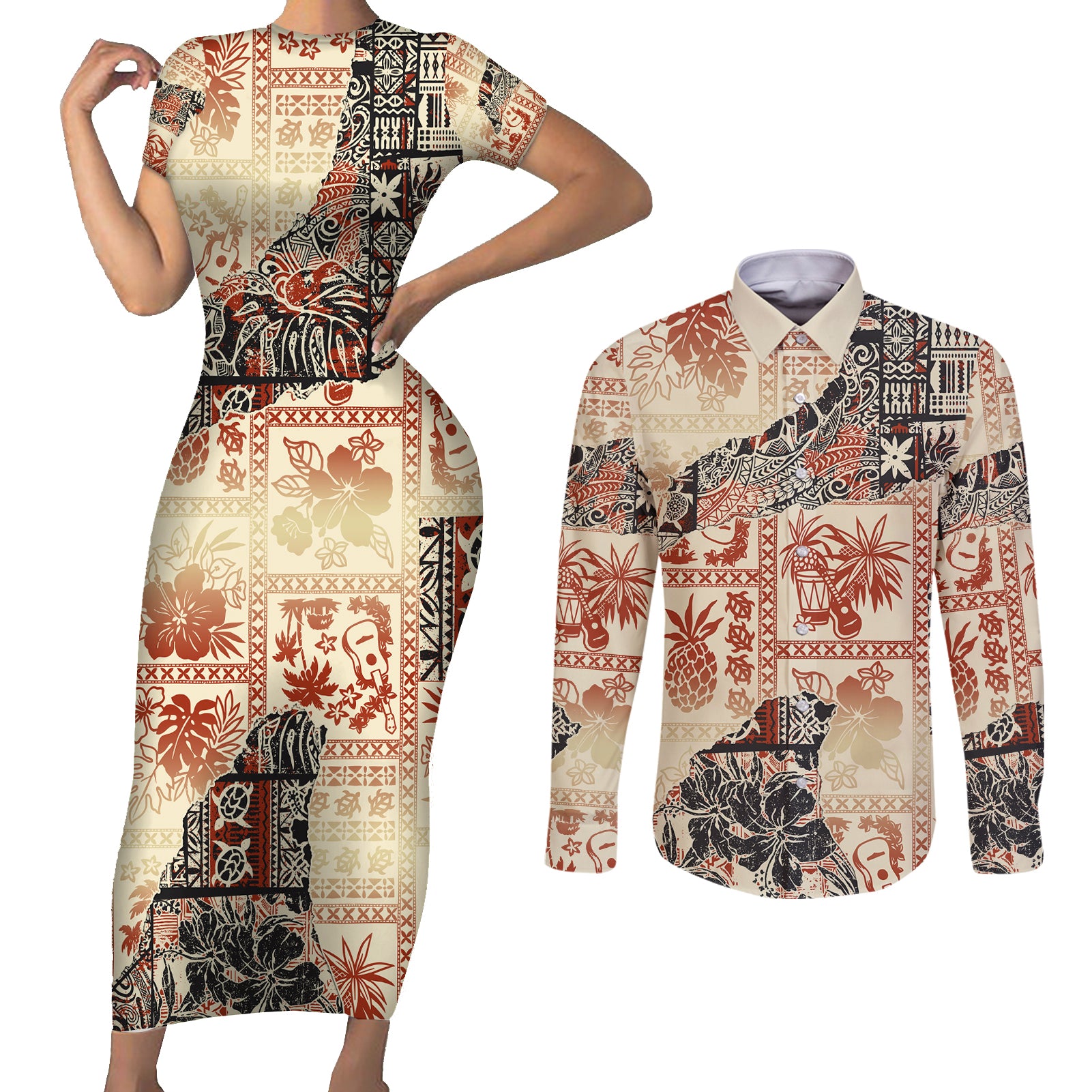 Hawaii Couples Matching Short Sleeve Bodycon Dress and Long Sleeve Button Shirt Aloha Tribal Pattern Beige Version LT9 - Wonder Print Shop