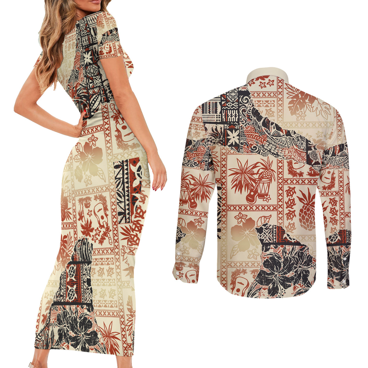 Hawaii Couples Matching Short Sleeve Bodycon Dress and Long Sleeve Button Shirt Aloha Tribal Pattern Beige Version LT9 - Wonder Print Shop