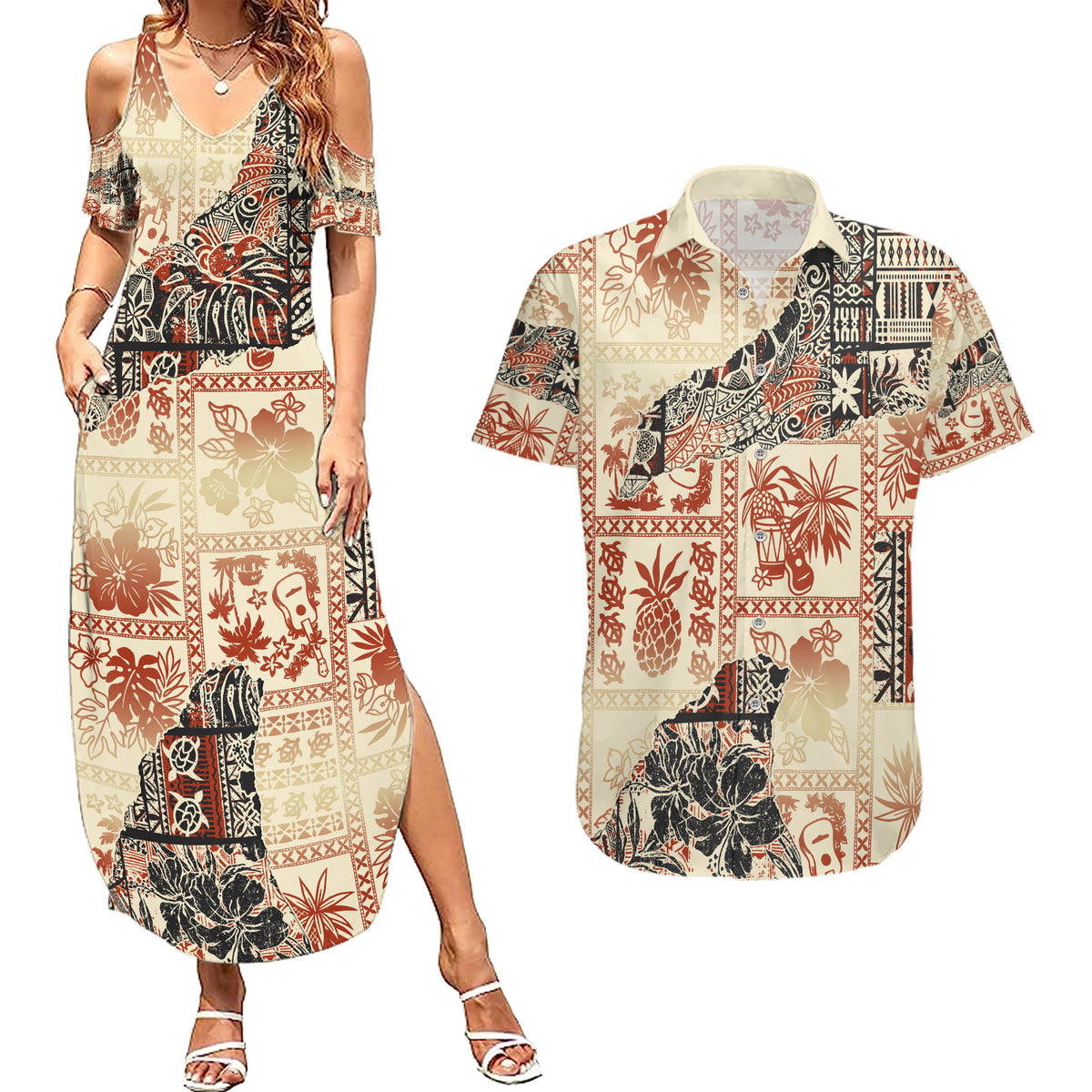 Hawaii Couples Matching Summer Maxi Dress and Hawaiian Shirt Aloha Tribal Pattern Beige Version LT9 - Wonder Print Shop