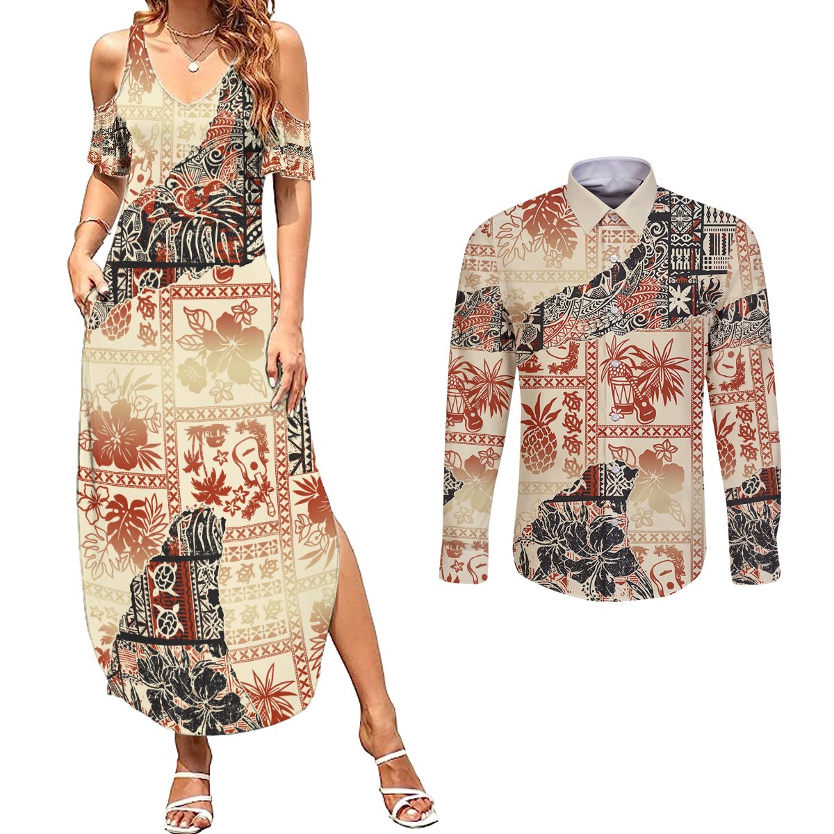 Hawaii Couples Matching Summer Maxi Dress and Long Sleeve Button Shirt Aloha Tribal Pattern Beige Version LT9 - Wonder Print Shop