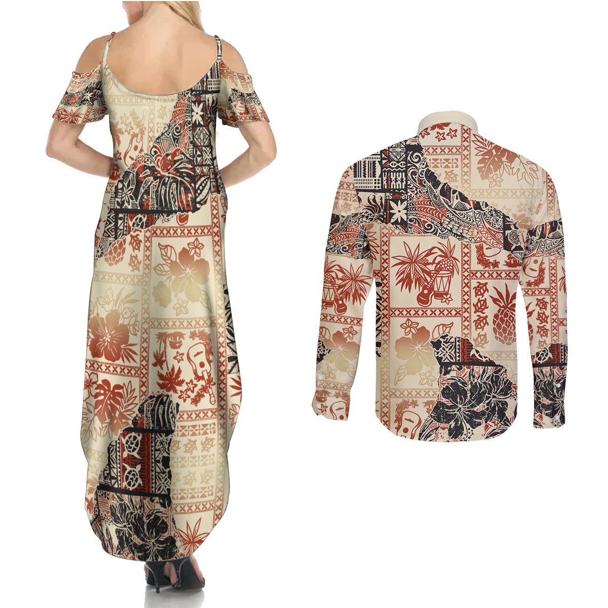 Hawaii Couples Matching Summer Maxi Dress and Long Sleeve Button Shirt Aloha Tribal Pattern Beige Version LT9 - Wonder Print Shop