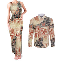 Hawaii Couples Matching Tank Maxi Dress and Long Sleeve Button Shirt Aloha Tribal Pattern Beige Version LT9 - Wonder Print Shop