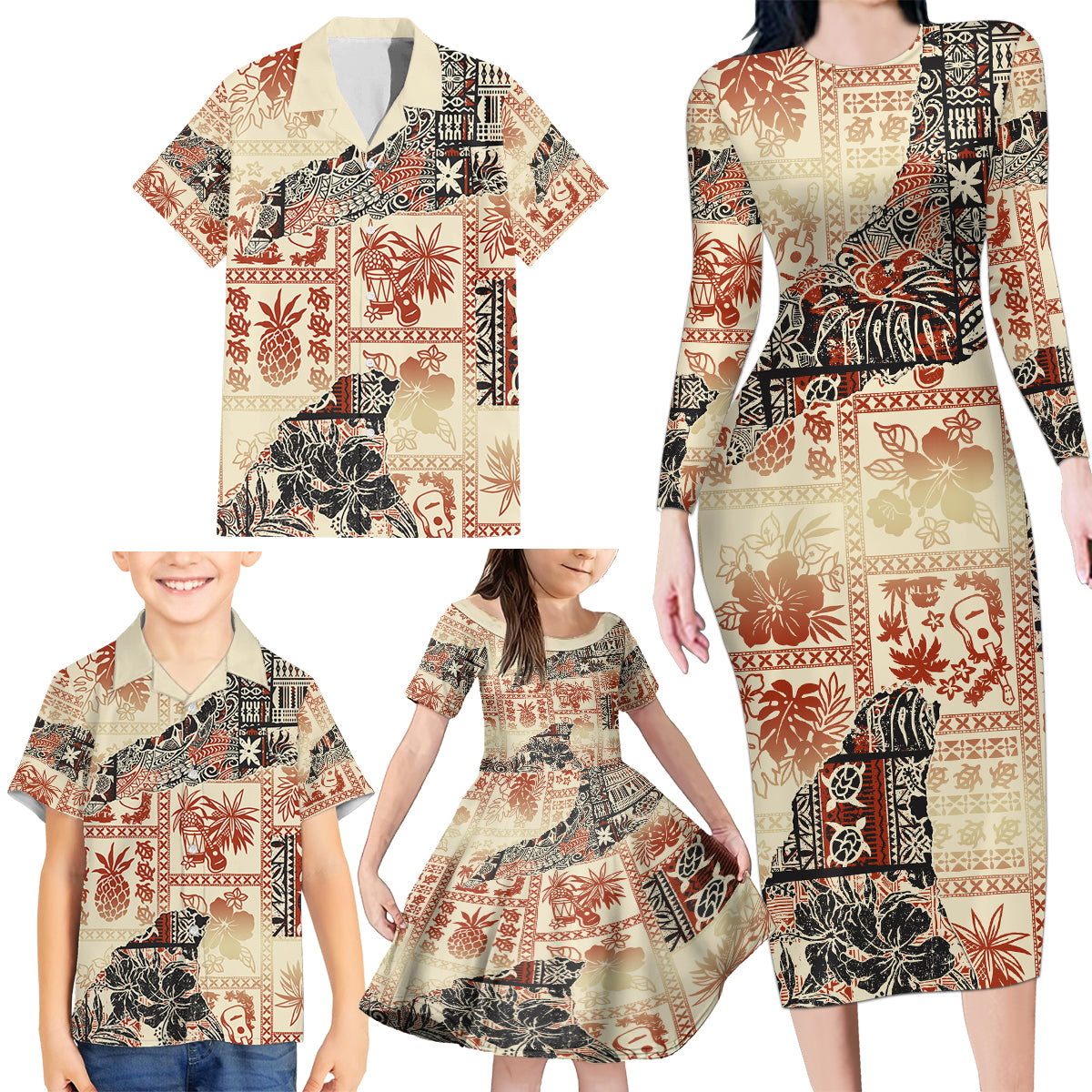 Hawaii Family Matching Long Sleeve Bodycon Dress and Hawaiian Shirt Aloha Tribal Pattern Beige Version LT9 - Wonder Print Shop