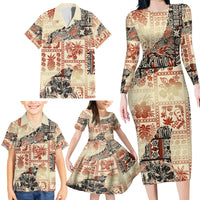 Hawaii Family Matching Long Sleeve Bodycon Dress and Hawaiian Shirt Aloha Tribal Pattern Beige Version LT9 - Wonder Print Shop