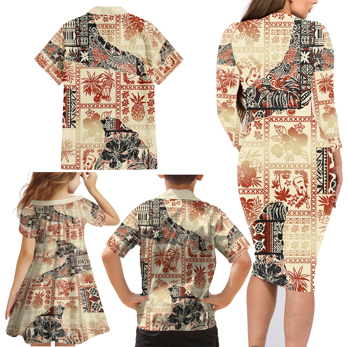 Hawaii Family Matching Long Sleeve Bodycon Dress and Hawaiian Shirt Aloha Tribal Pattern Beige Version LT9 - Wonder Print Shop
