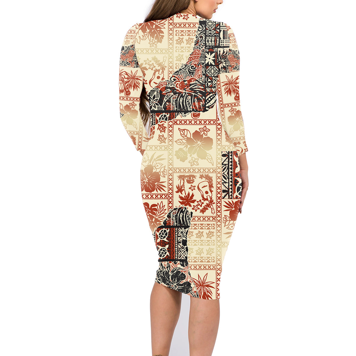 Hawaii Family Matching Long Sleeve Bodycon Dress and Hawaiian Shirt Aloha Tribal Pattern Beige Version LT9 - Wonder Print Shop