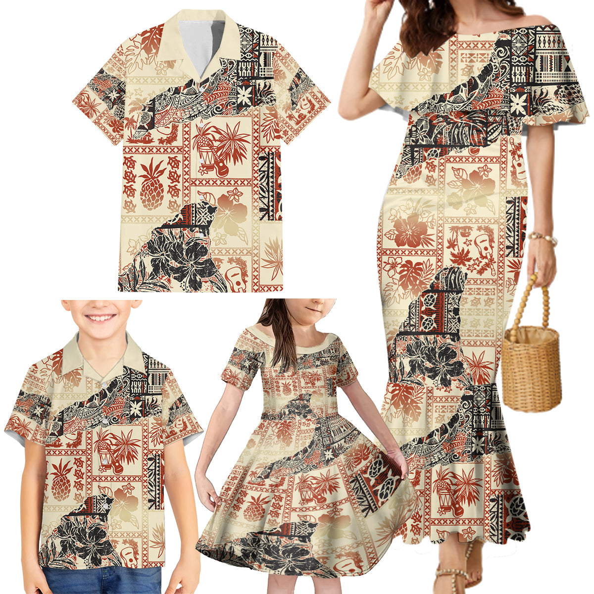 Hawaii Family Matching Mermaid Dress and Hawaiian Shirt Aloha Tribal Pattern Beige Version LT9 - Wonder Print Shop