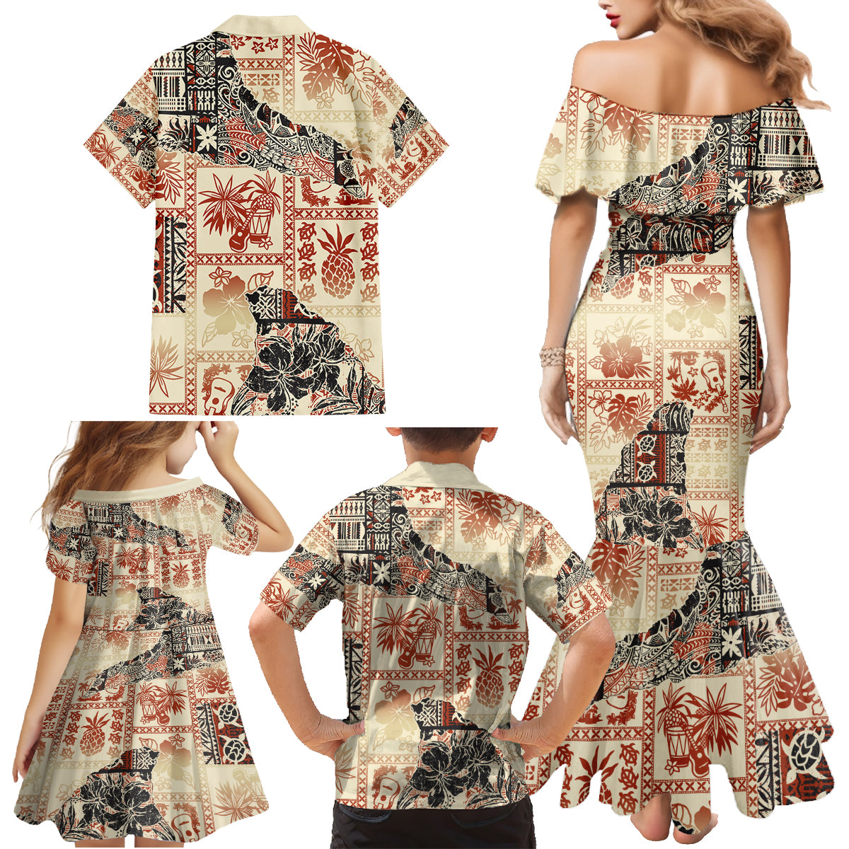 Hawaii Family Matching Mermaid Dress and Hawaiian Shirt Aloha Tribal Pattern Beige Version LT9 - Wonder Print Shop