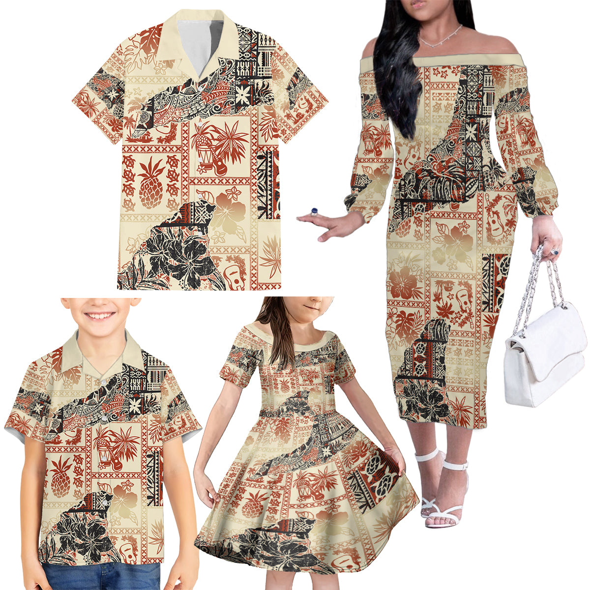 Hawaii Family Matching Off Shoulder Long Sleeve Dress and Hawaiian Shirt Aloha Tribal Pattern Beige Version - Wonder Print Shop